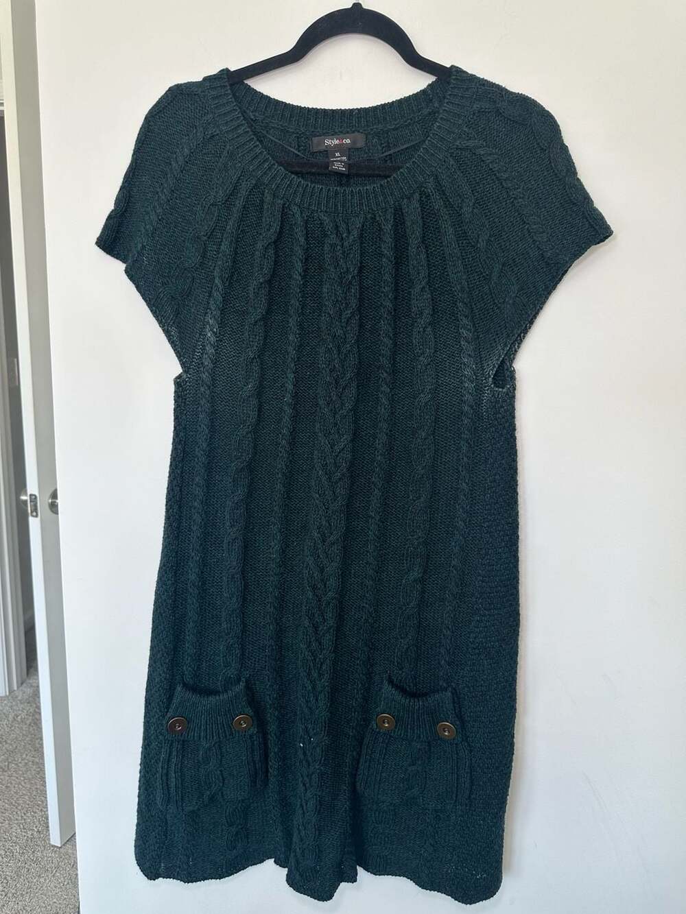 Style & Co Cable Knit Short Sleeve Sweater Dress Size XL Dark Green Pocket
